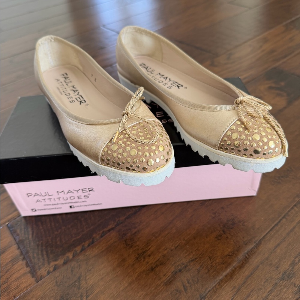 Paul Mayer Tan Flats with Gold Accents